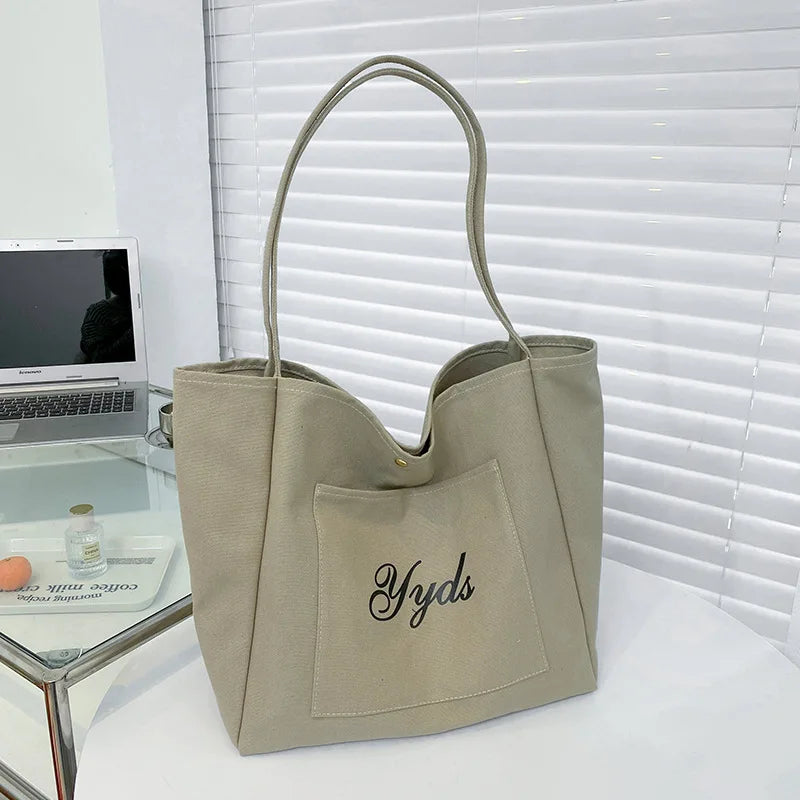 Large Capacity Women's Shoulder Bag College Style Cotton Canvas Handbag