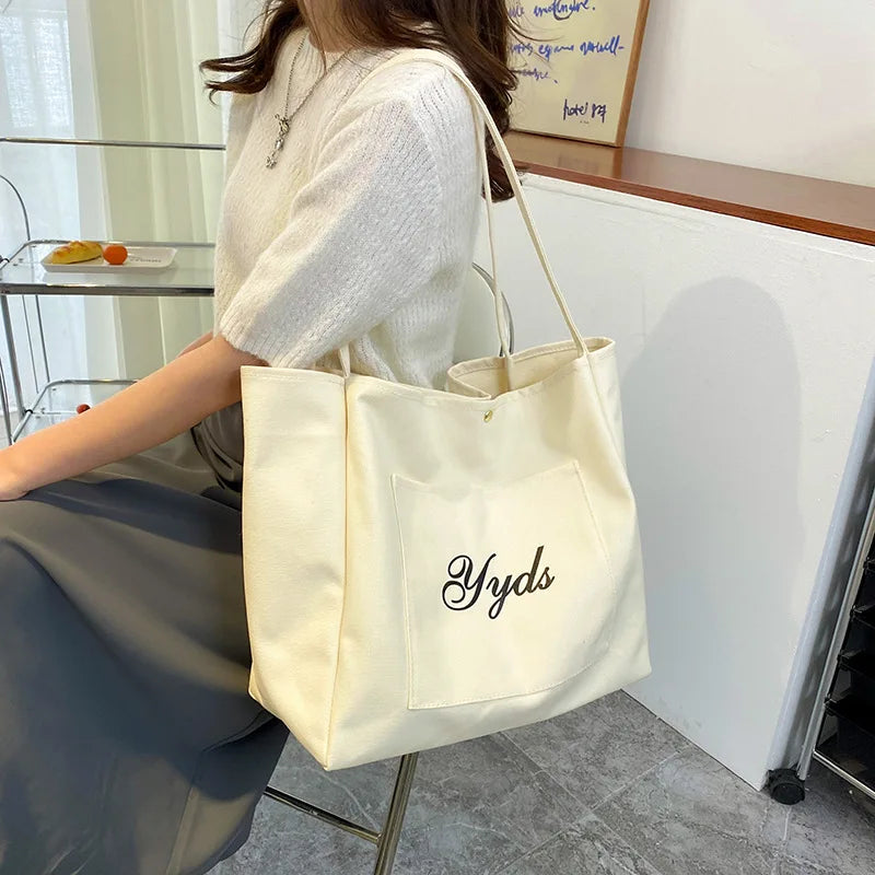 Large Capacity Women's Shoulder Bag College Style Cotton Canvas Handbag