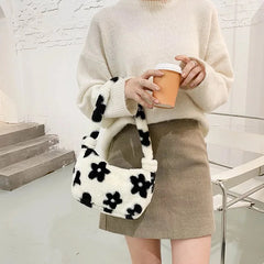 Women Flower Pattern Shoulder Bags Plush Underarm Handbag