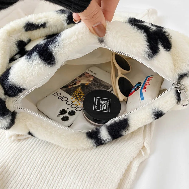 Women Flower Pattern Shoulder Bags Plush Underarm Handbag
