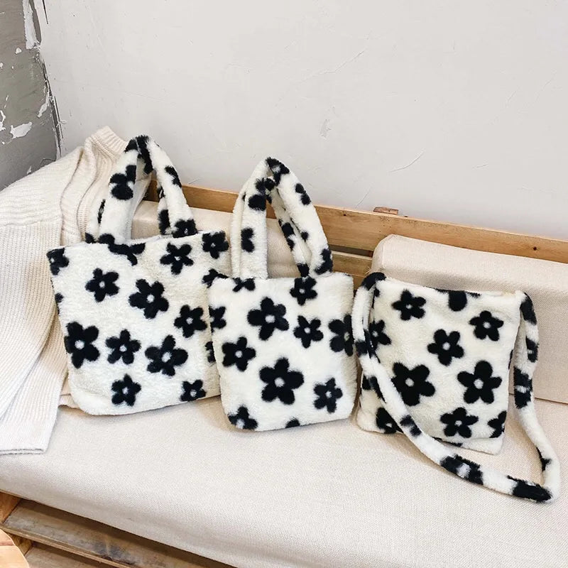 Women Flower Pattern Shoulder Bags Plush Underarm Handbag