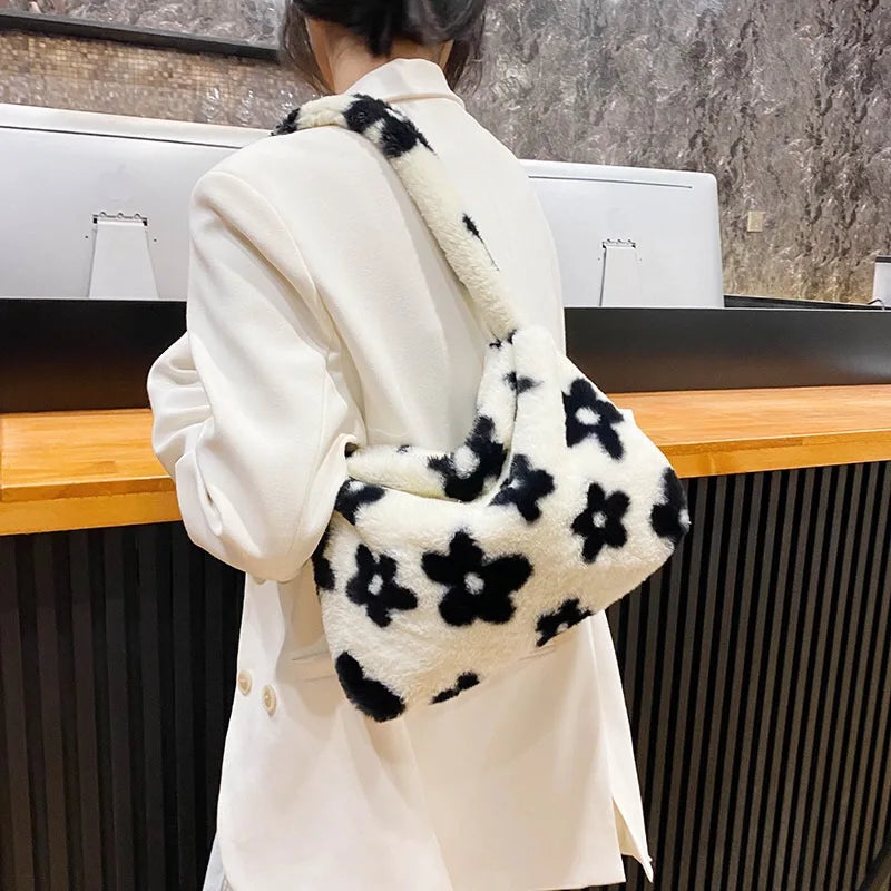 Women Flower Pattern Shoulder Bags Plush Underarm Handbag