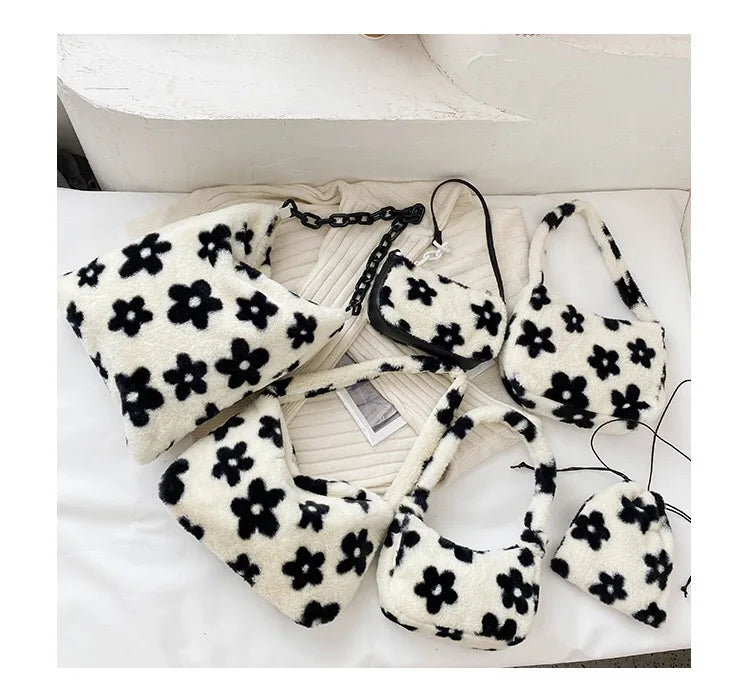 Women Flower Pattern Shoulder Bags Plush Underarm Handbag