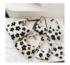 Women Flower Pattern Shoulder Bags Plush Underarm Handbag