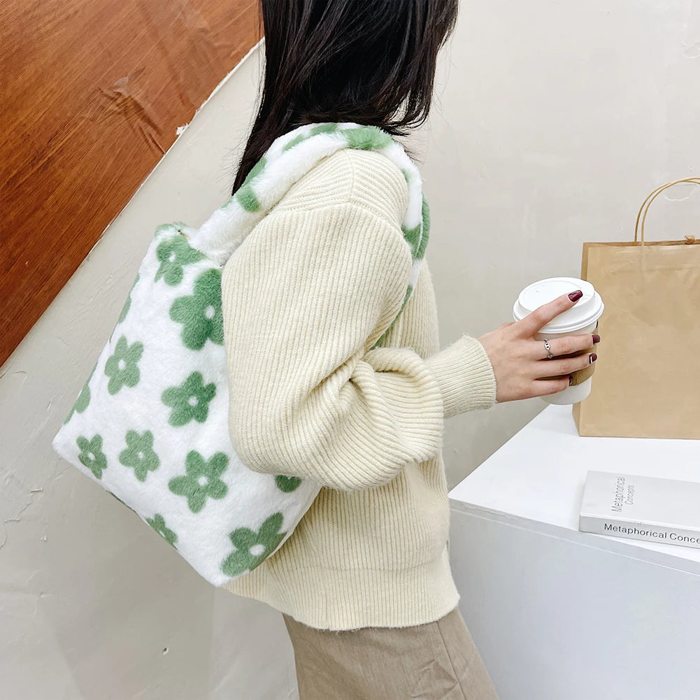 INS Women Green Flower Print Shoulder Bags Faux Fur Handbag