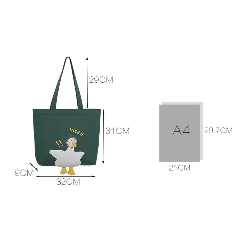 Duck Embroidery Canvas Tote Bag for Women and Girls