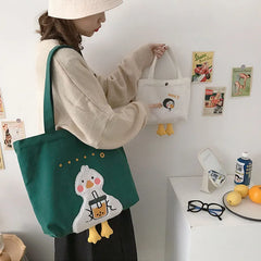 Duck Embroidery Canvas Tote Bag for Women and Girls