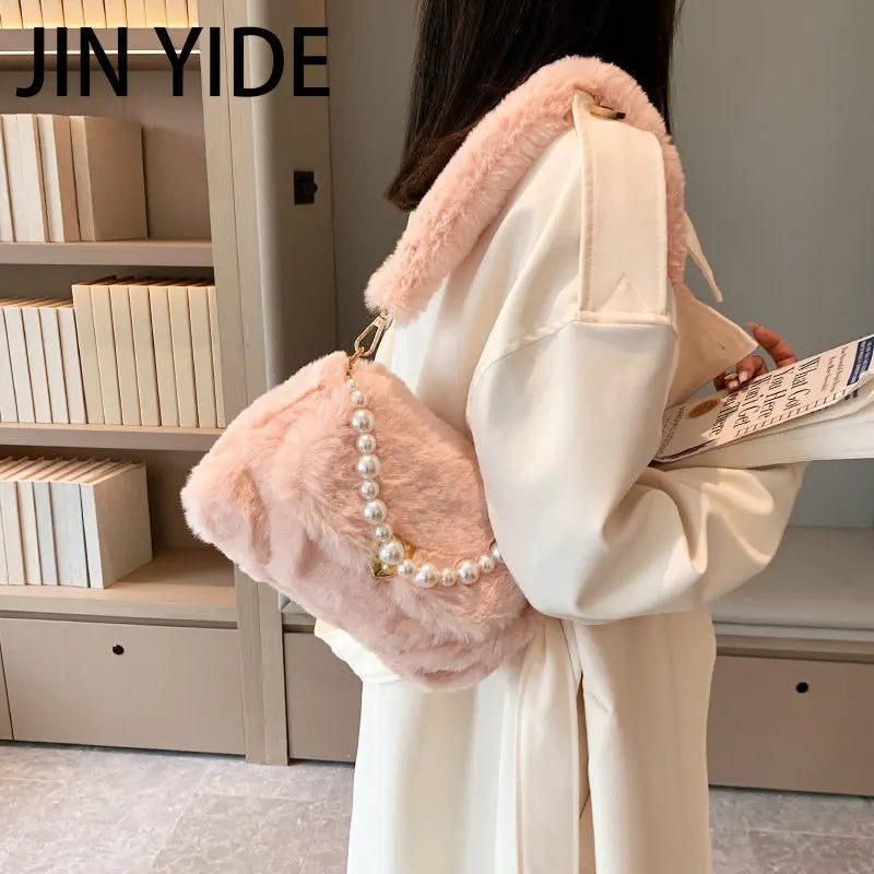 JINYIDE Pearls Chains Fluffy Women Shoulder Bag Soft Plush Lady Handbags