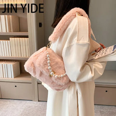 JINYIDE Pearls Chains Fluffy Women Shoulder Bag Soft Plush Lady Handbags