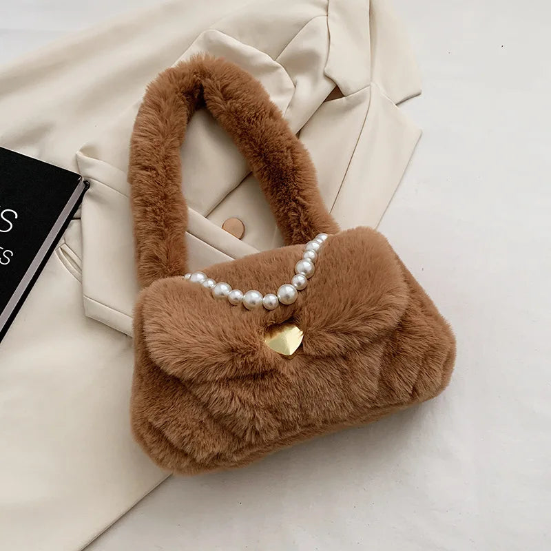 JINYIDE Pearls Chains Fluffy Women Shoulder Bag Soft Plush Lady Handbags
