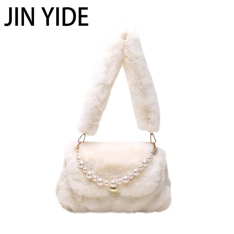 JINYIDE Pearls Chains Fluffy Women Shoulder Bag Soft Plush Lady Handbags