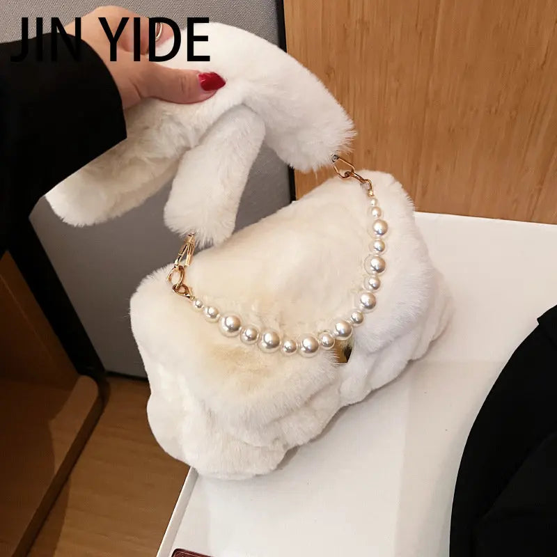 JINYIDE Pearls Chains Fluffy Women Shoulder Bag Soft Plush Lady Handbags