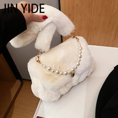 JINYIDE Pearls Chains Fluffy Women Shoulder Bag Soft Plush Lady Handbags