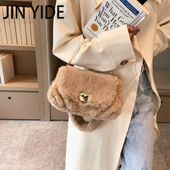 JINYIDE Pearls Chains Fluffy Women Shoulder Bag Soft Plush Lady Handbags
