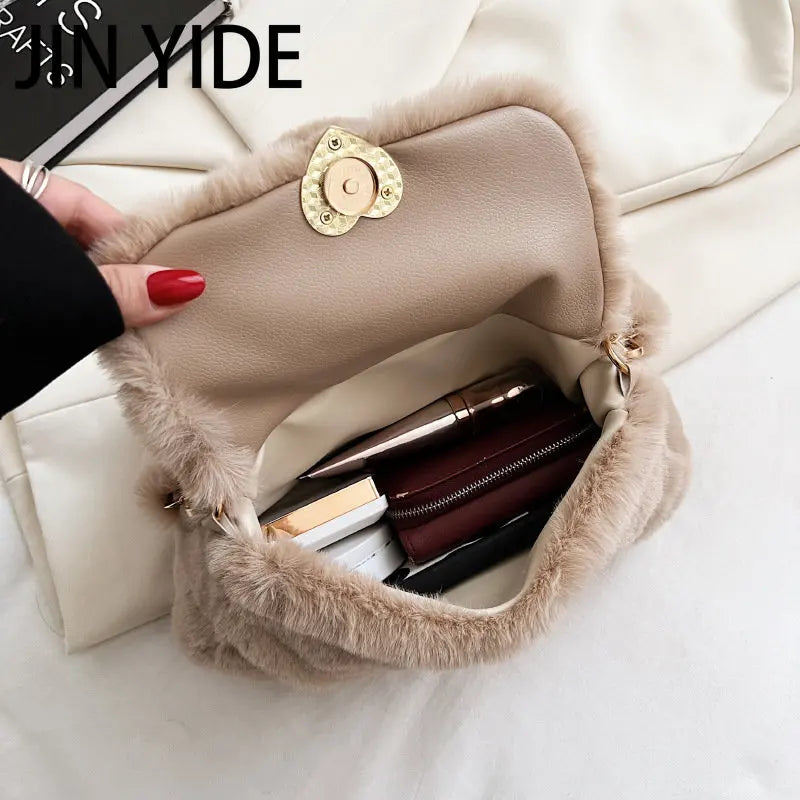 JINYIDE Pearls Chains Fluffy Women Shoulder Bag Soft Plush Lady Handbags