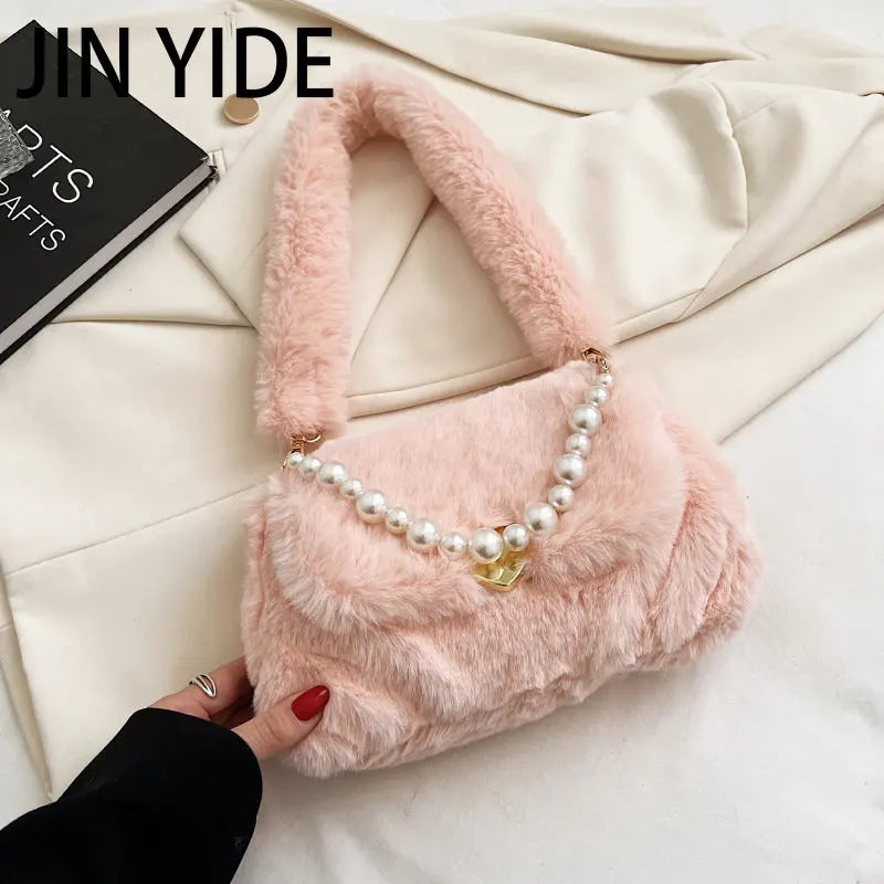 JINYIDE Pearls Chains Fluffy Women Shoulder Bag Soft Plush Lady Handbags