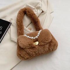 JINYIDE Pearls Chains Fluffy Women Shoulder Bag Soft Plush Lady Handbags