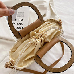Straw Bags Tote Bag Drawstring Closure Wooden Handle Beach Shoulder Bag