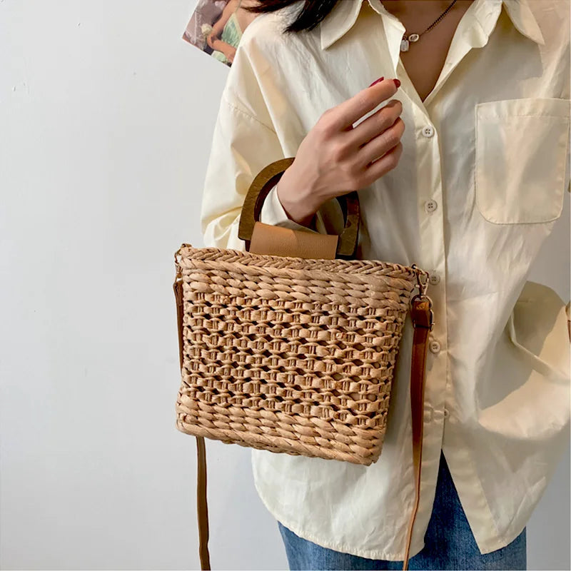 Straw Bags Tote Bag Drawstring Closure Wooden Handle Beach Shoulder Bag