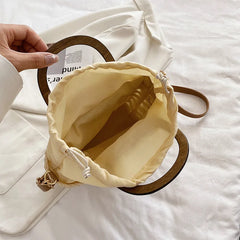 Straw Bags Tote Bag Drawstring Closure Wooden Handle Beach Shoulder Bag