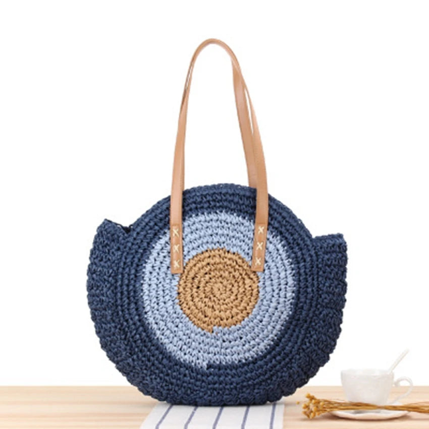 Japanese Korean Style Round Shoulder Straw Bag Women's Woven Beach Bag
