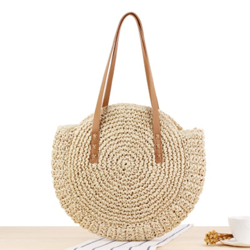 Japanese Korean Style Round Shoulder Straw Bag Women's Woven Beach Bag