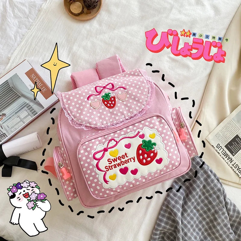 Japanese School Bags Backpack Soft Girl Sweet Embroidered Fruit Strawberry Lace