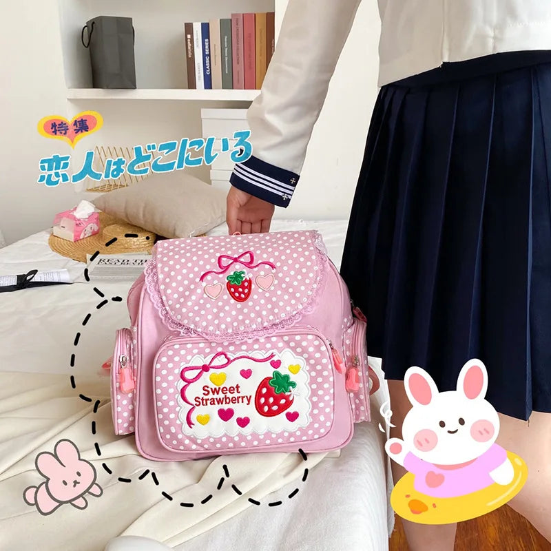Japanese School Bags Backpack Soft Girl Sweet Embroidered Fruit Strawberry Lace