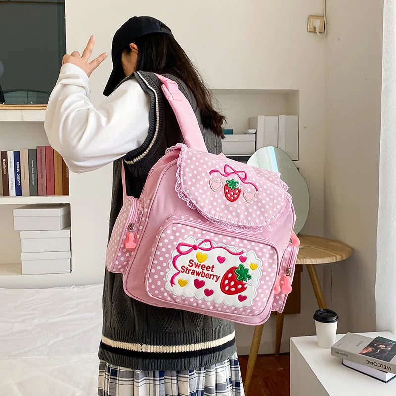 Japanese School Bags Backpack Soft Girl Sweet Embroidered Fruit Strawberry Lace