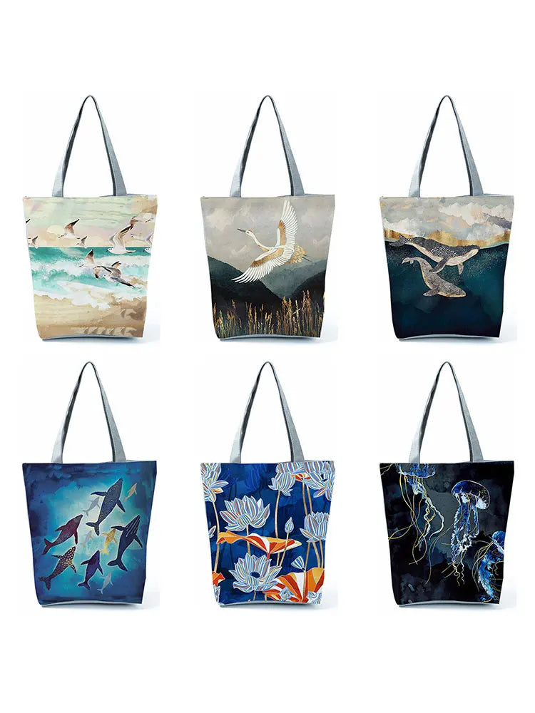 Japanese Style Ukiyoe Print Shoulder Bag Whale Tote
