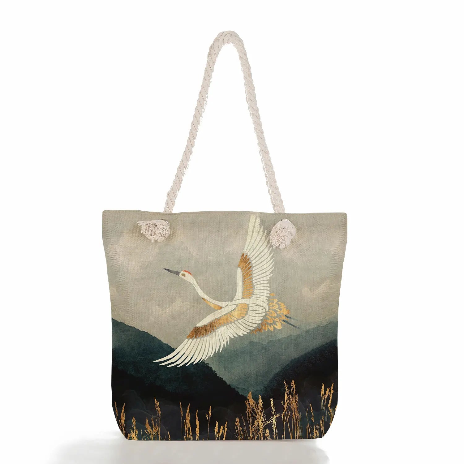 Japanese Crane Linen Women Handbag Eco Reusable Shopping Bag