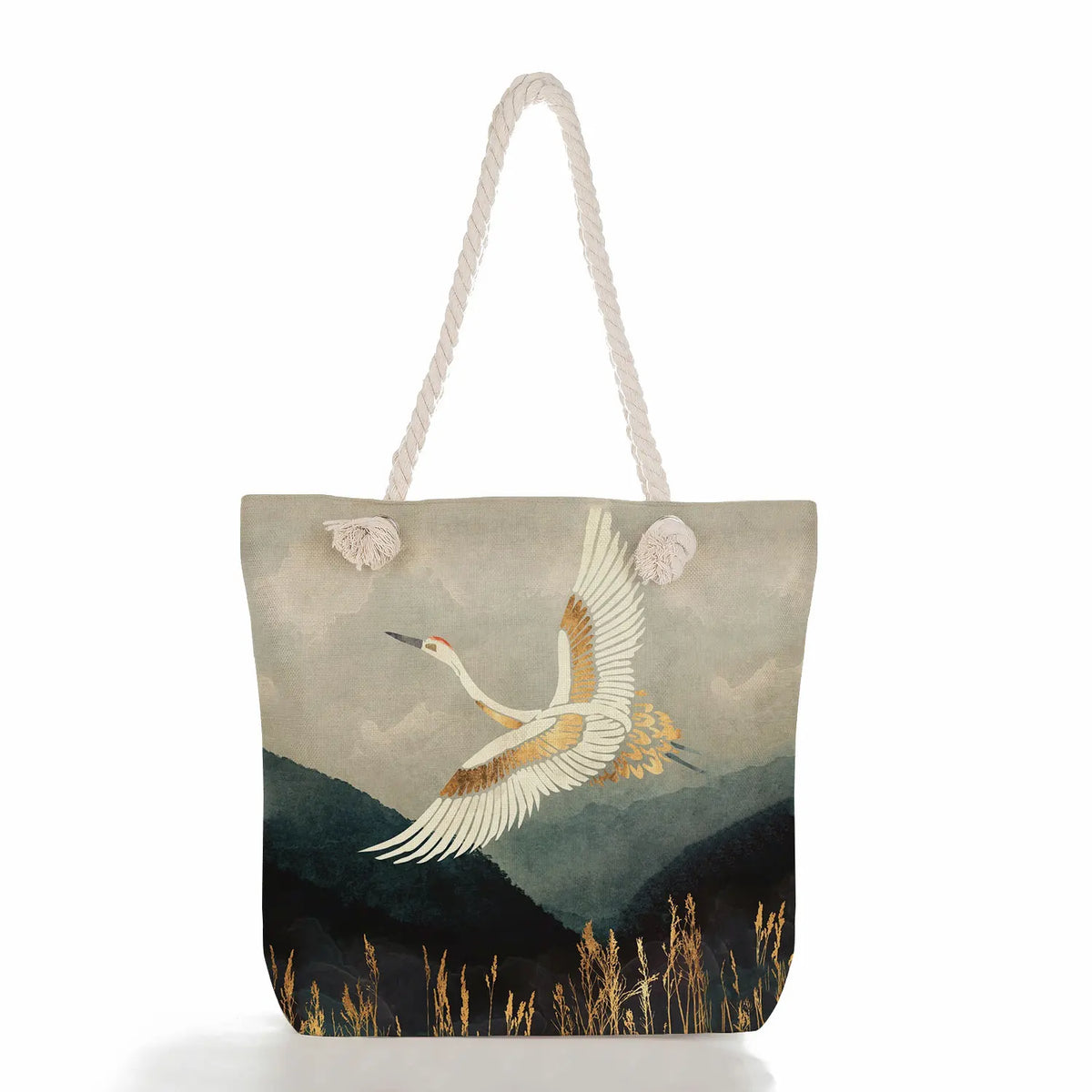 Japanese Crane Linen Women Handbag Eco Reusable Shopping Bag