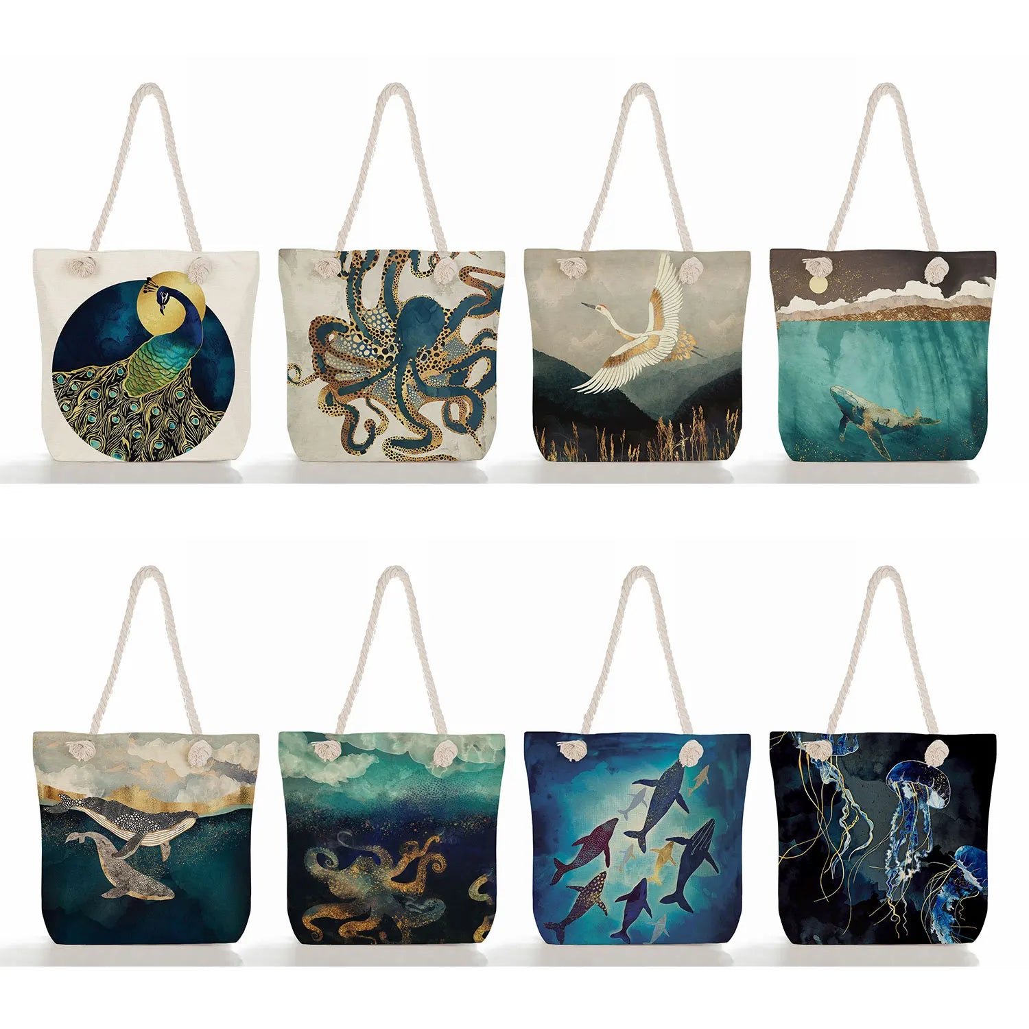 Japanese Crane Linen Women Handbag Eco Reusable Shopping Bag