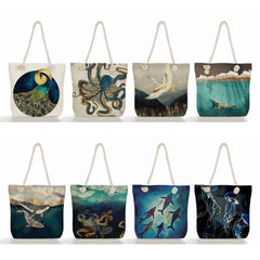 Japanese Crane Linen Women Handbag Eco Reusable Shopping Bag