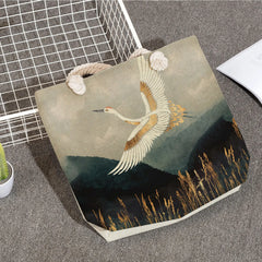Japanese Crane Linen Women Handbag Eco Reusable Shopping Bag