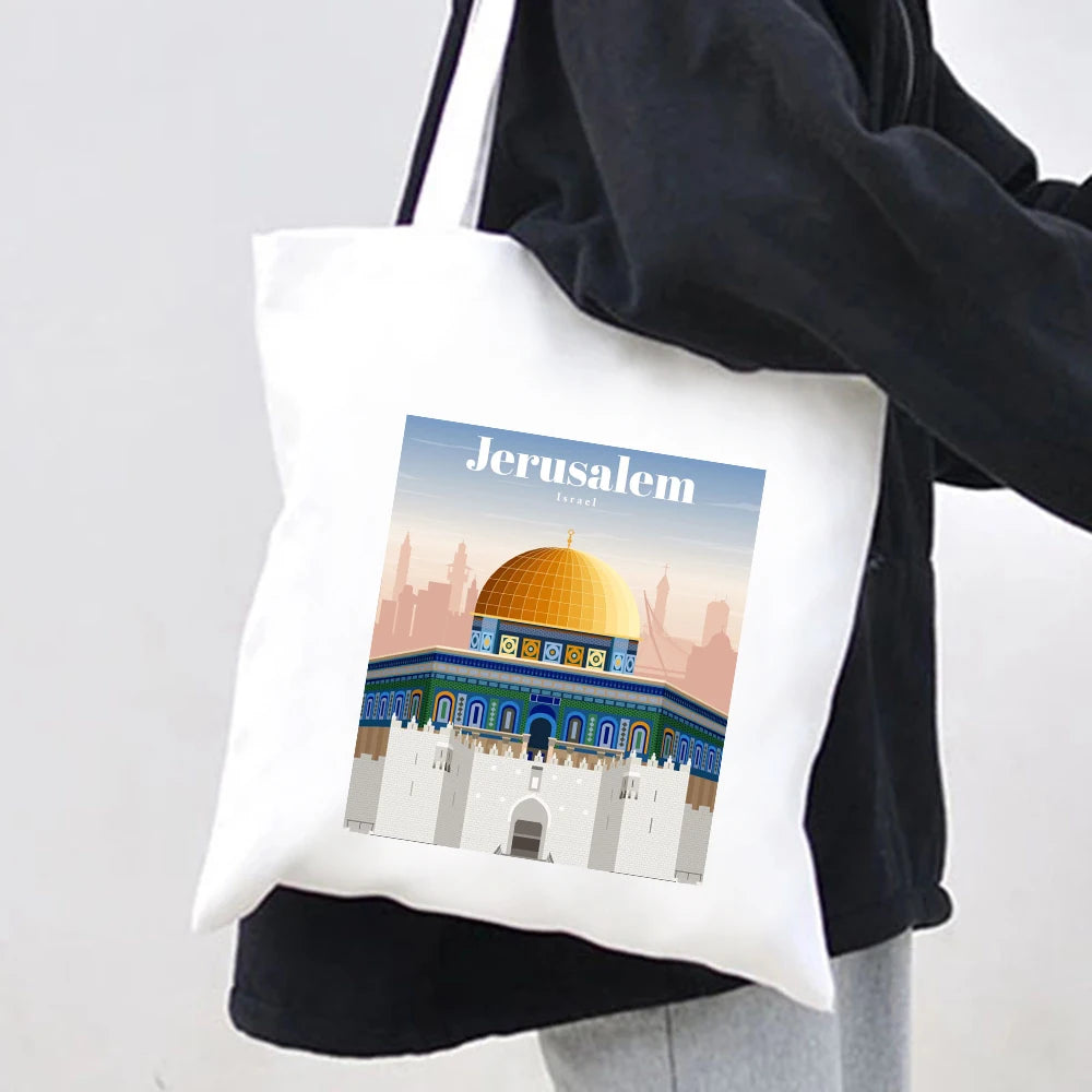 Jerusalem Map Flag Women Canvas Shoulder Bags Harajuku Handbags Totes