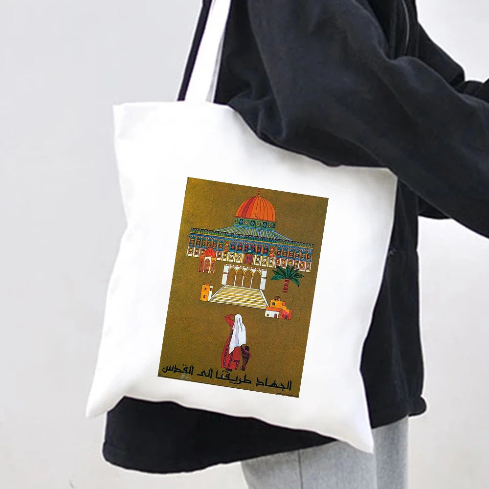 Jerusalem Map Flag Women Canvas Shoulder Bags Harajuku Handbags Totes