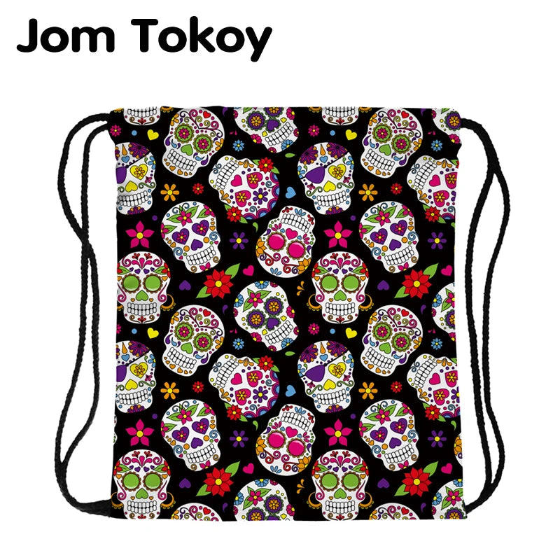 Skull Print Drawstring Bag Sports Waterproof Backpack Bundle Pocket