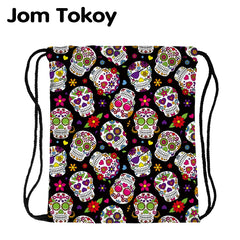 Skull Print Drawstring Bag Sports Waterproof Backpack Bundle Pocket