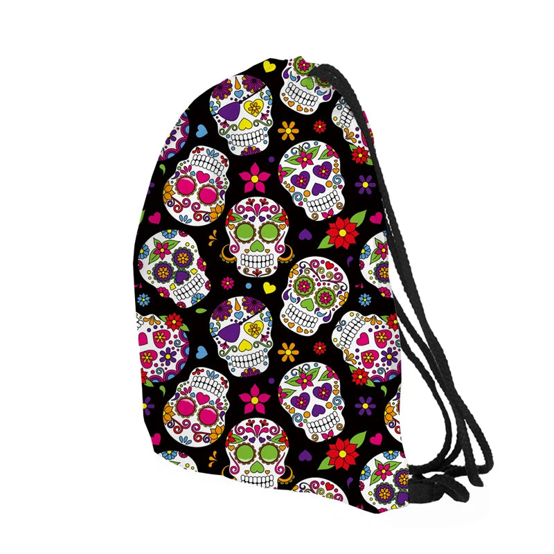 Skull Print Drawstring Bag Sports Waterproof Backpack Bundle Pocket
