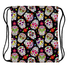 Skull Print Drawstring Bag Sports Waterproof Backpack Bundle Pocket
