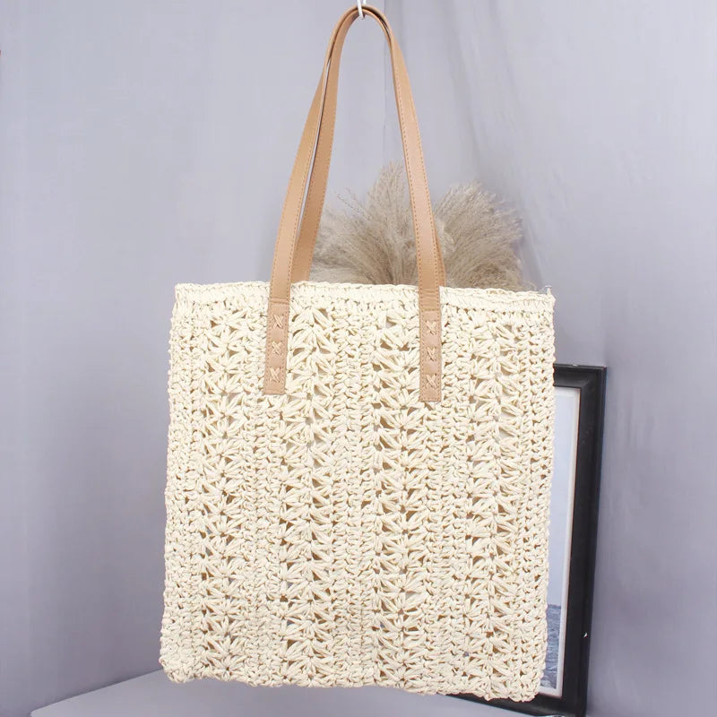 Khaki Straw Shoulder Beach Bag with Liner Bohemian Rattan Handbag