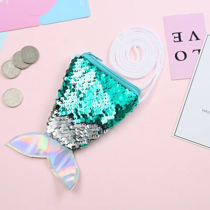 Mermaid Tail Sequins Coin Bag Kids Mini Shoulder Purse Zipper Coin Purse