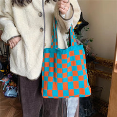 Checkerboard Bag Canvas Tote Shoulder Handbags Casual Travel Shopping