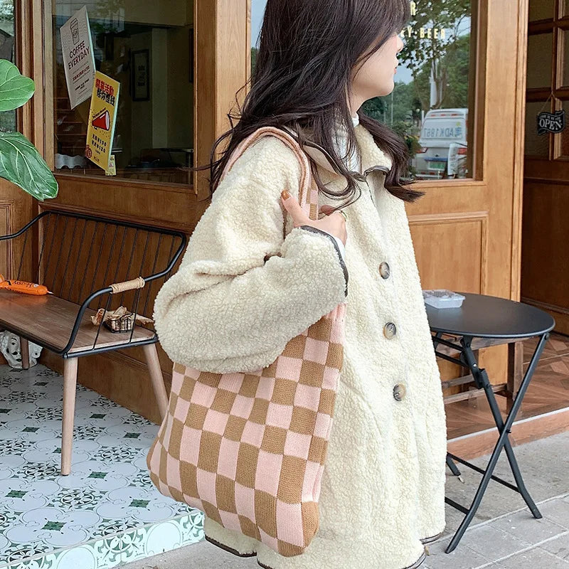 Checkerboard Bag Canvas Tote Shoulder Handbags Casual Travel Shopping