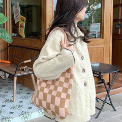 Checkerboard Bag Canvas Tote Shoulder Handbags Casual Travel Shopping