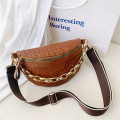 Knitted PU Leather Waist Bags for Women Weaving Fanny Pack Thick Chain Female Wa