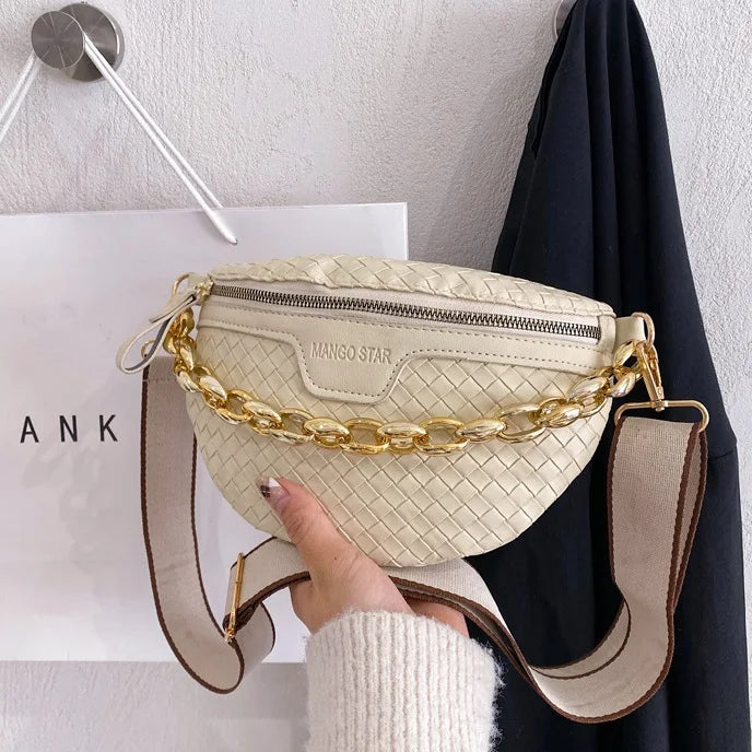 Knitted PU Leather Waist Bags for Women Weaving Fanny Pack Thick Chain Female Wa