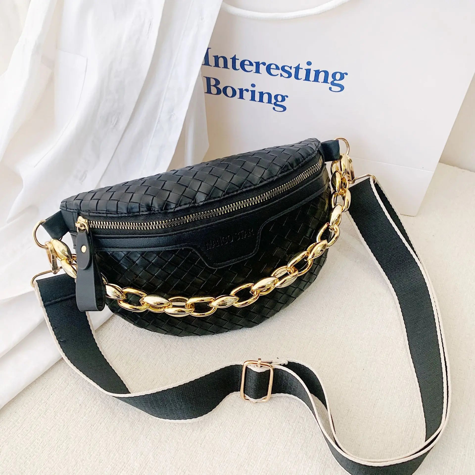 Knitted PU Leather Waist Bags for Women Weaving Fanny Pack Thick Chain Female Wa
