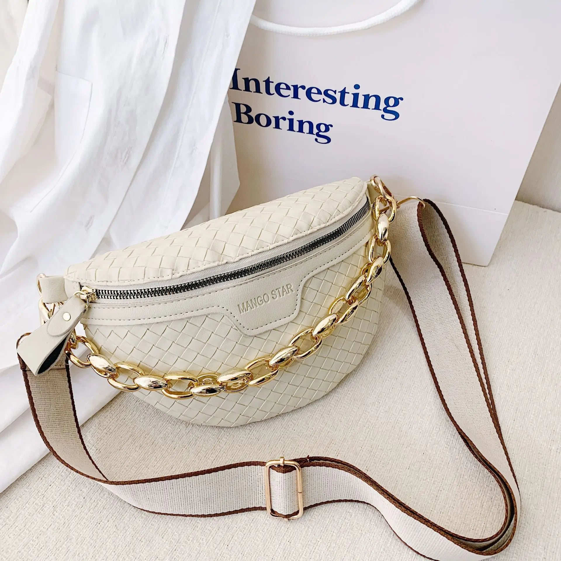 Knitted PU Leather Waist Bags for Women Weaving Fanny Pack Thick Chain Female Wa